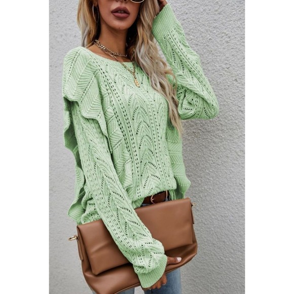 Openwork Round Neck Ruffled Sweater - Picture 11 of 16